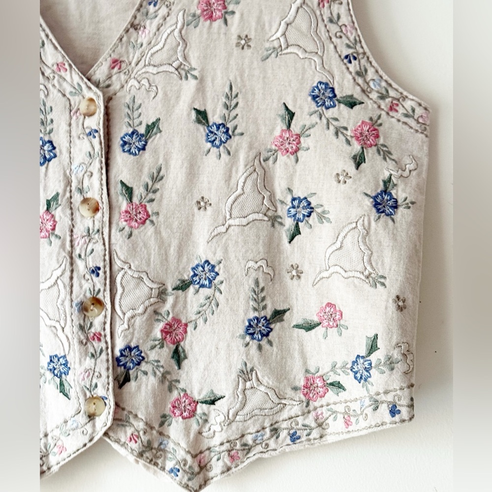Vintage Cottagecore Floral Embroidered Cotton Linen Folk Vest Boho 90s Revival M - Picture 7 of 13